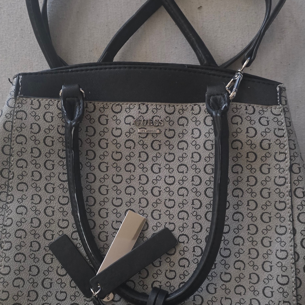 Guess Black and Gray Tote Bag with Monogram Pattern
